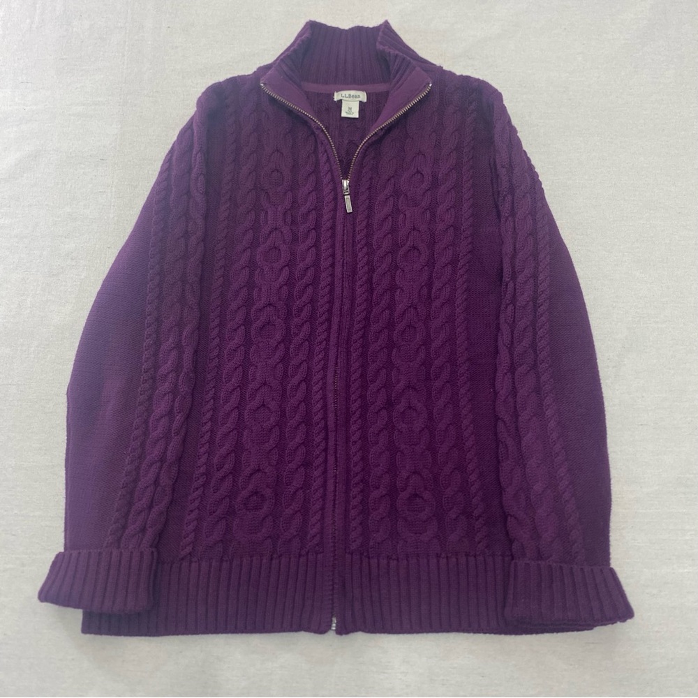 LL Bean Sweater Womens M Purple Cardigan Full Zip Cable Knit Mock Neck Cotton